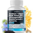 Sea Moss Maca Black Seed Oil Ashwagandha Bladderwrack Turmerisk - Manuka Honey, Elderberry, C-vitamin & D3, Mælkebøtte & Sort Pepper - Non- GMO - Vegan - Made in USA - 60ct