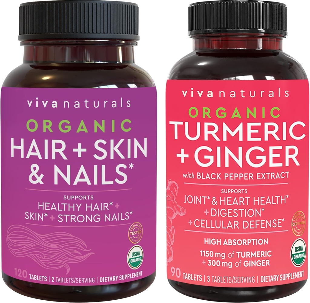 Økologisk hår hud og negle Vitaminer + Økologisk gurkemeje med sort peber & Ginger Bundle, Lavet med Biotin 5000mcg for sundt hår, gurkemeje for naturlig fælles støtte