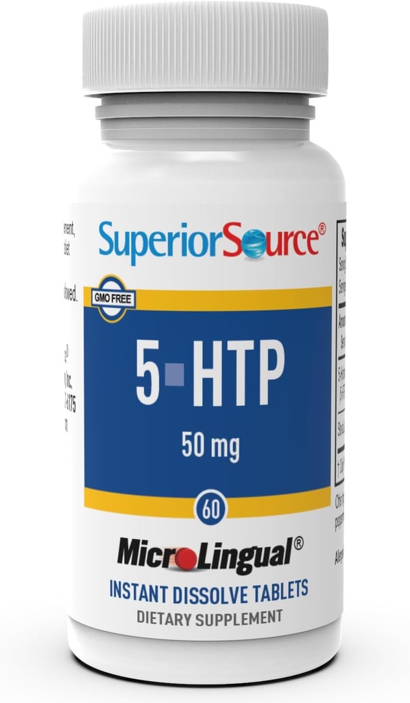 Superior Source 5- HTP 50 mg - Natural Support Restaured Sleep & Neurotransmitter Functions - Brain Health & Function Support - 5- Hydroxytryptophan Supplement - 60 Instant Opløs tabletter