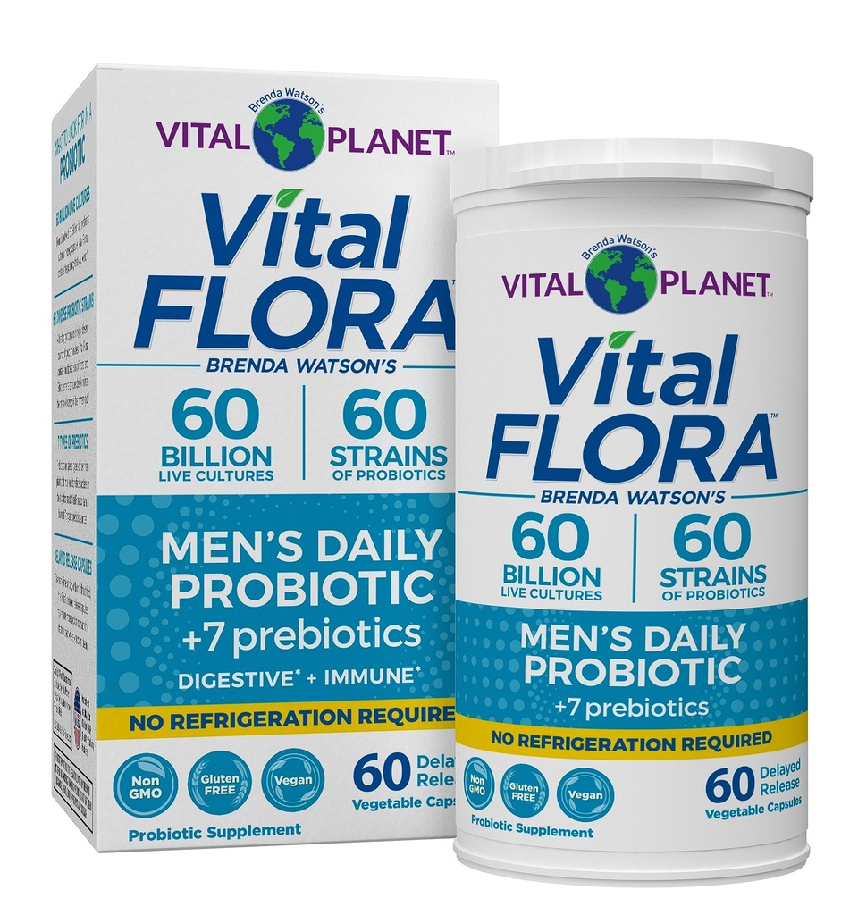Vital Planet - Vital Flora Probiotika til mænd, 60 Millioner CFU, 60 Diverse Strops, 7 Organic Prebiotika, Mænds Daglig Hylde Stabil Probiotika til immunforsvar, Gas Relief, fordøjelsessygdomme 60 Kapsler