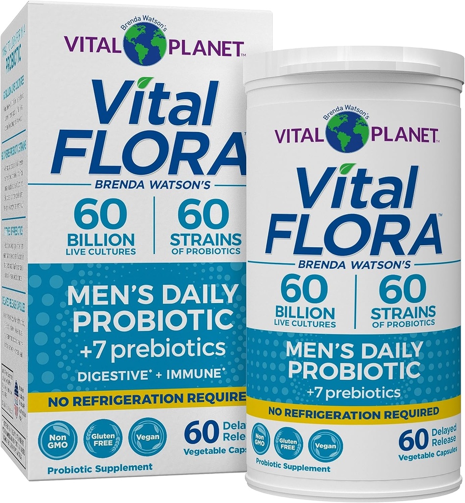 Vital Planet - Vital Flora Probiotika til mænd, 60 Millioner CFU, 60 Diverse Strops, 7 Organic Prebiotika, Mænds Daglig Hylde Stabil Probiotika til immunforsvar, Gas Relief, fordøjelsessygdomme 60 Kapsler