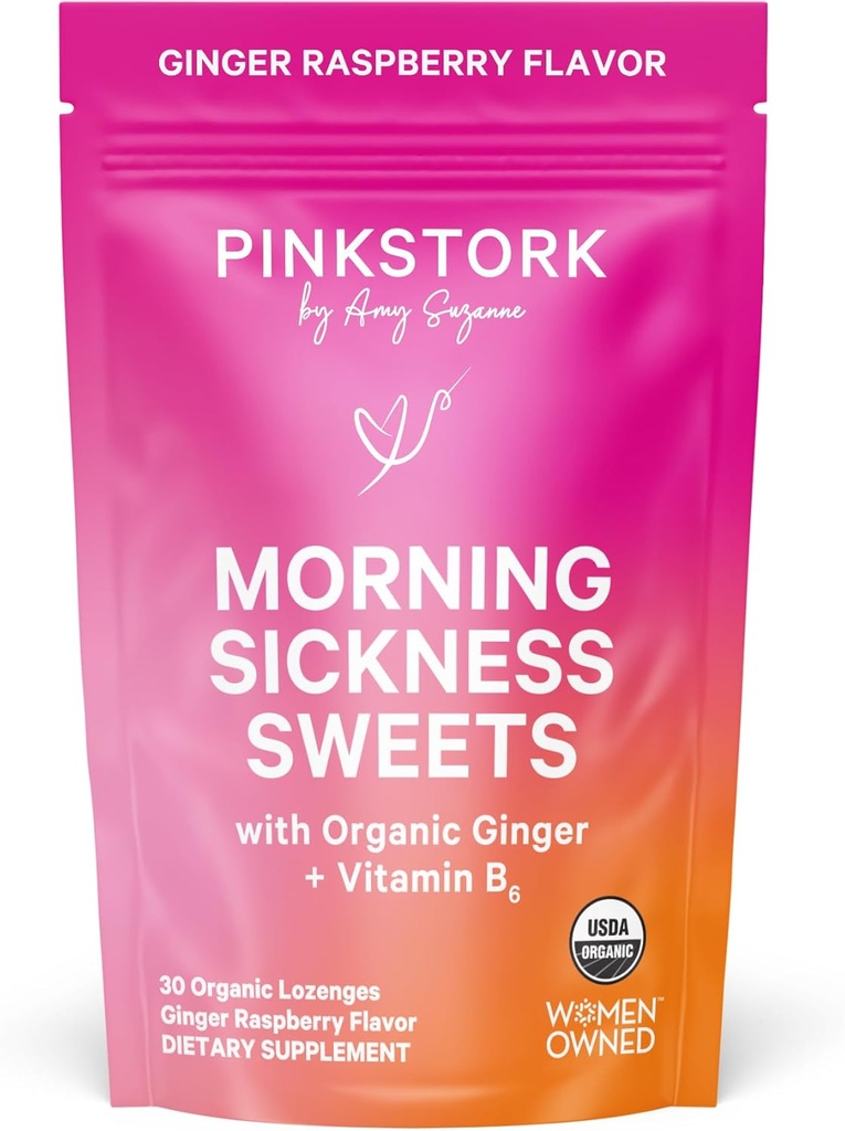 Pink Stork Morning Sygdom Sweets, Økologisk Hindbær Ginger Candy med vitamin B6, Støtte til Motion Sygdom, Prenatal Heartburn - Graviditet skal Haves - 30 indpakket dråber