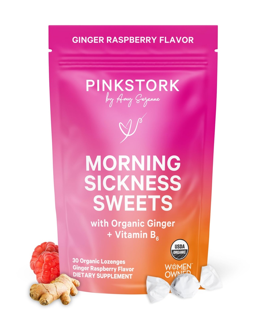 Pink Stork Morning Sygdom Sweets, Økologisk Hindbær Ginger Candy med vitamin B6, Støtte til Motion Sygdom, Prenatal Heartburn - Graviditet skal Haves - 30 indpakket dråber