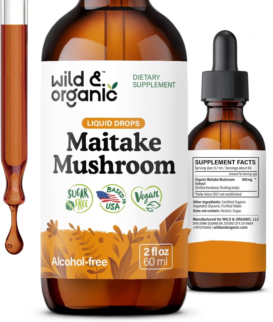 Wild & Organic Maitake Mushroom Drops - Liquid Mushroom supplement til immunforsvar - Maitake Extract Tincture - Vegan, Sugar & Alcohol- Free - 2 fl oz
