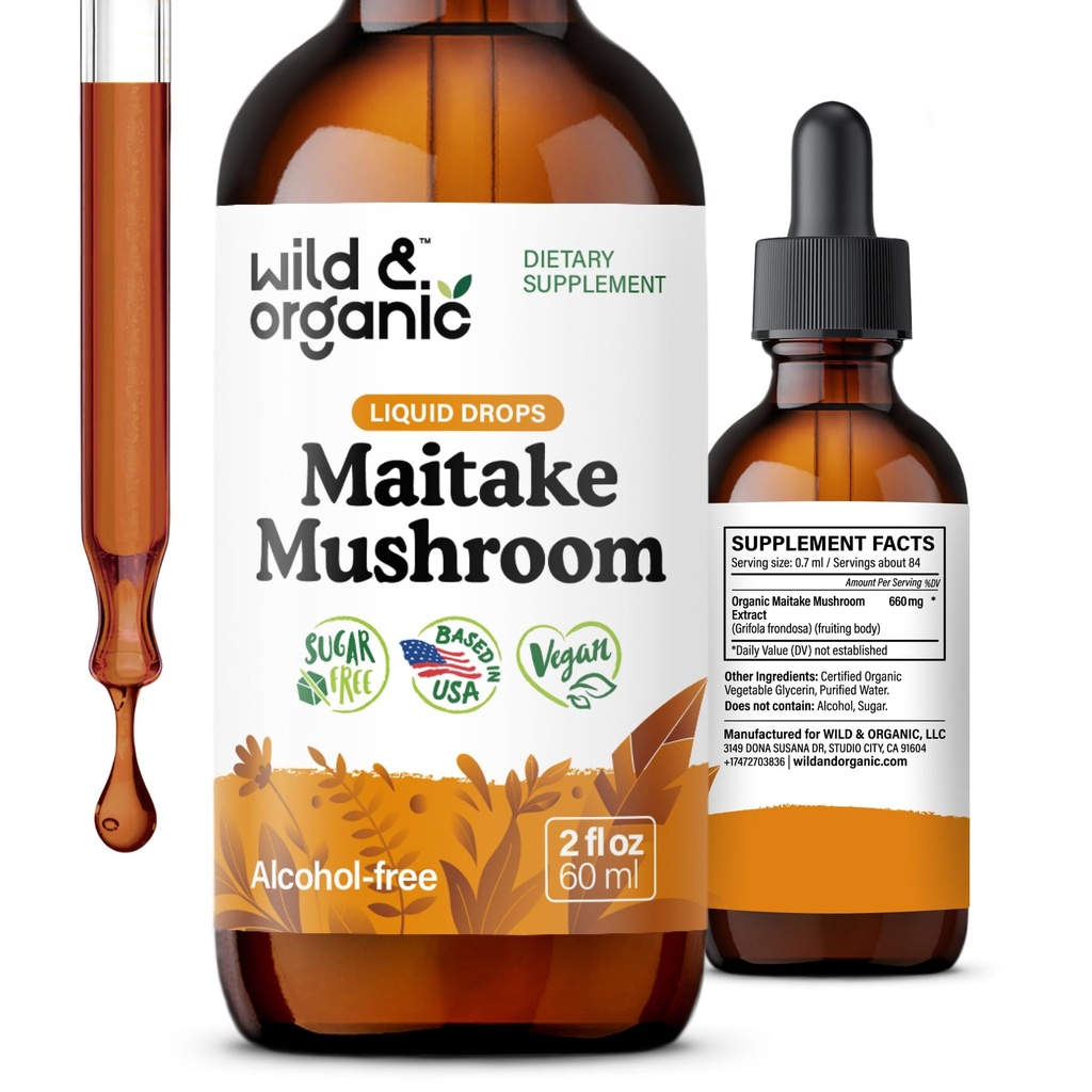Wild & Organic Maitake Mushroom Drops - Liquid Mushroom supplement til immunforsvar - Maitake Extract Tincture - Vegan, Sugar & Alcohol- Free - 2 fl oz
