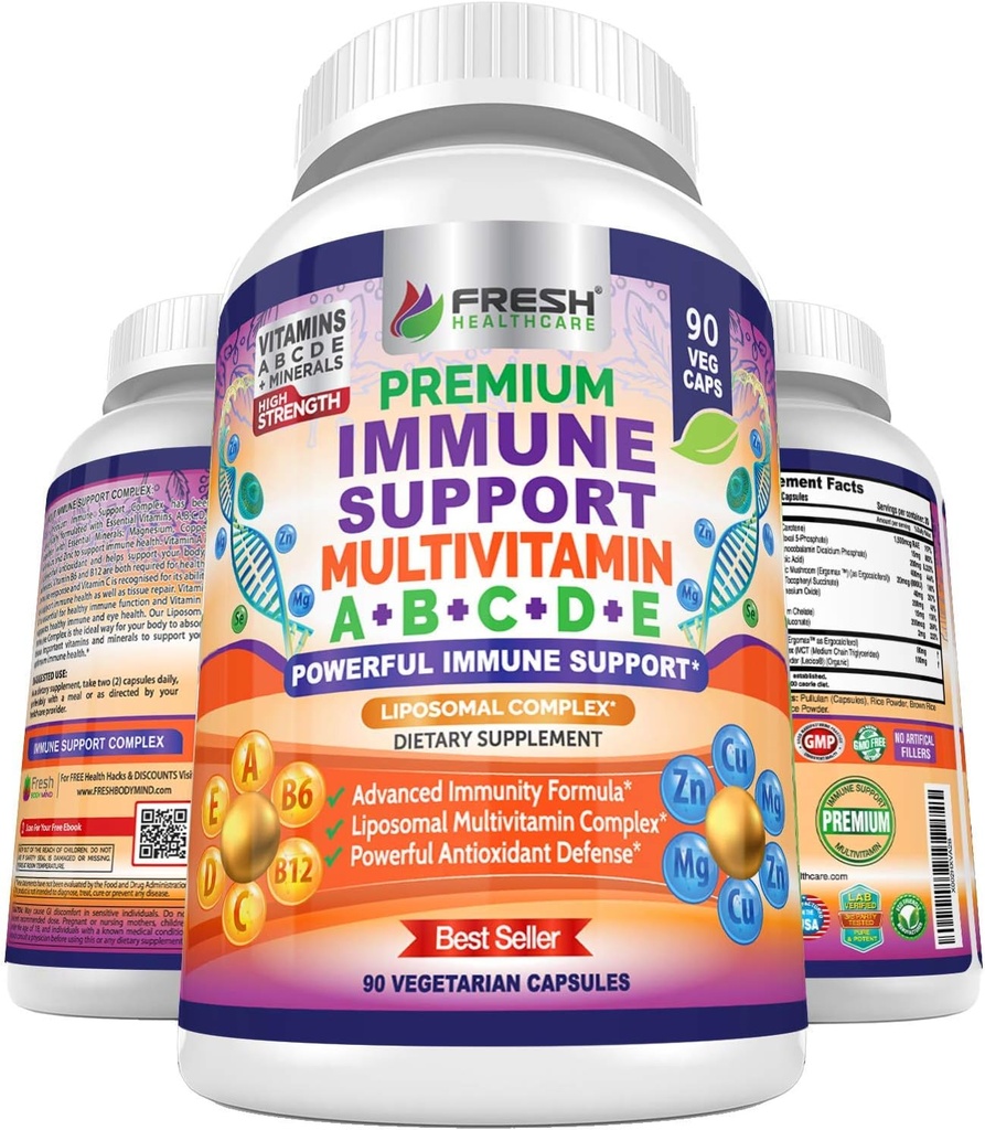 Immunstøtte Multivitamin til mænd og kvinder med vitaminer A, B, C, D, E, B6, B12 - Zink, Magnesium og kobber med Liposomal Complex til forbedret absorption - Daglig antioxidant Boost - 90 Vegan Caps