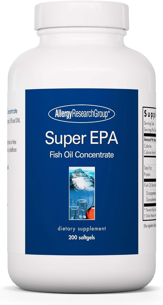 Allergy Research Group Super EPA - Omega 3 Supplement, Fish Oil Concentrate, EPA, DHA, Omega 3 Fedtsyrer, Sustabliably- souffed Anchovies, Softgels - 200 Greve