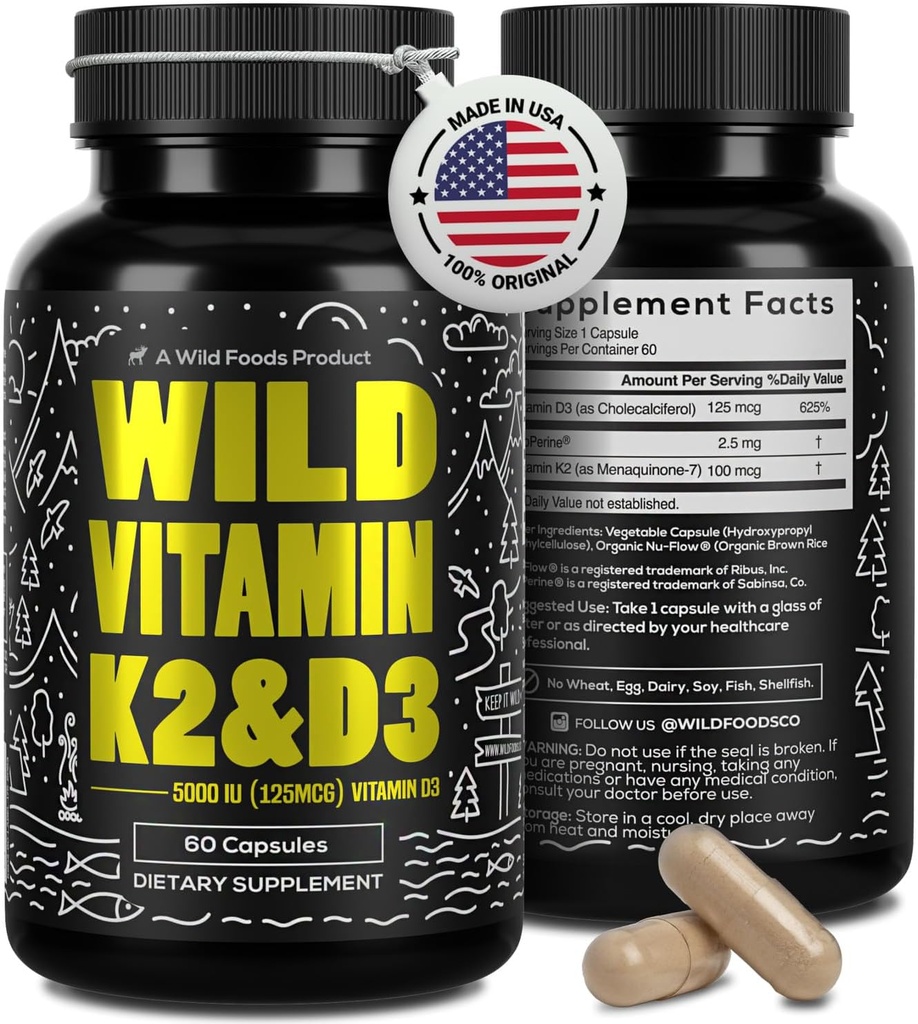 Wild Foods 5000iu Vitamin D3 + K2 | (100mcg Mk7) with Black Pepper Extract, Plant-Based, Non-GMO, Soy & Gluten-Free | Dietary Supplement | Made in USA | 60 Capsules