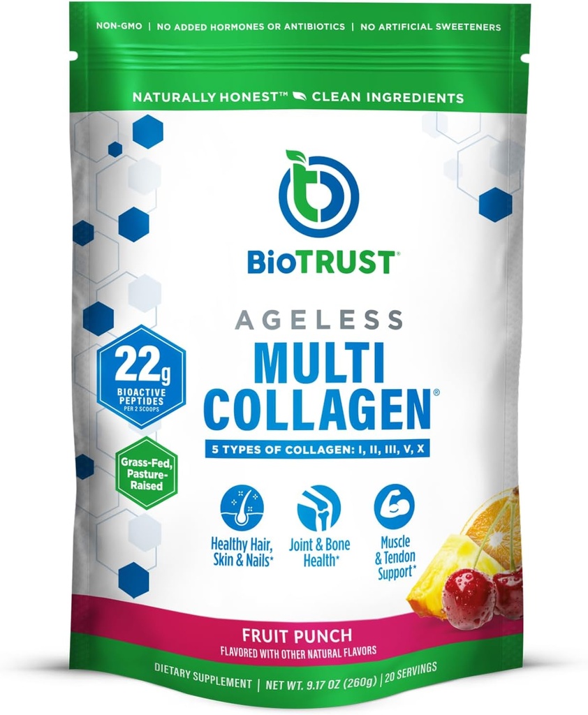 BioTrust Agueless Multi Collagen Peptider Powder - 5 typer (I, II, III, V, X) - Frugt Punch Collagen Pulver til kvinder & mænd - Hydrolyzed Protein - Græs Fed Oksekød, fisk, kylling, Eggshell Membrane