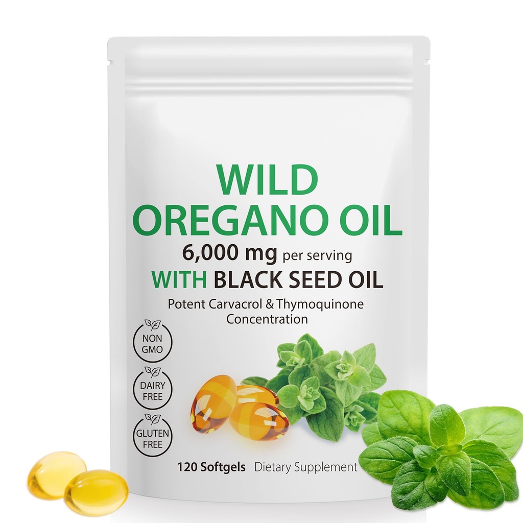 Olie af Oregano Softgels - Wild Oregano Oil 6,000mg med Black Seed Oil 200mg Kapsler, 120 Count, Potent Carvacrol & Thymoquinone, Non- GMO, Dairy Free, Gluten Free