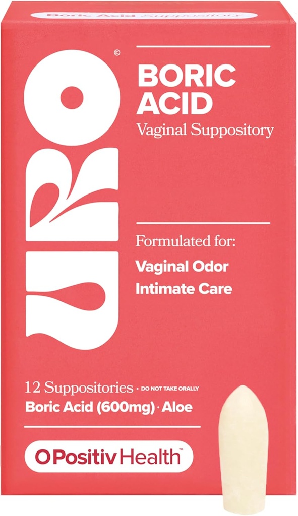 O Positiv URO Boric Acid Vaginal Suppository - med mælkesyre, og Aloe for Fast Relief og Vaginal Odor Control - Vegan, fri for parabener, farvestoffer og duftstoffer - 12 Greve (pakke med 1)