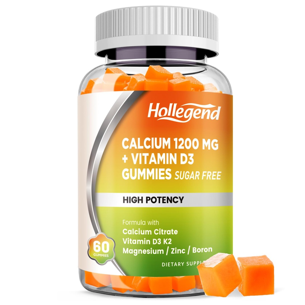 Calcium 1200 mg med D3- vitamin Gummies, Calcium Citrat Chewables med Magnesium Zink- vitamin K2 Boron, Knoglehygiejne, Sukkerfri, 60 Tæl