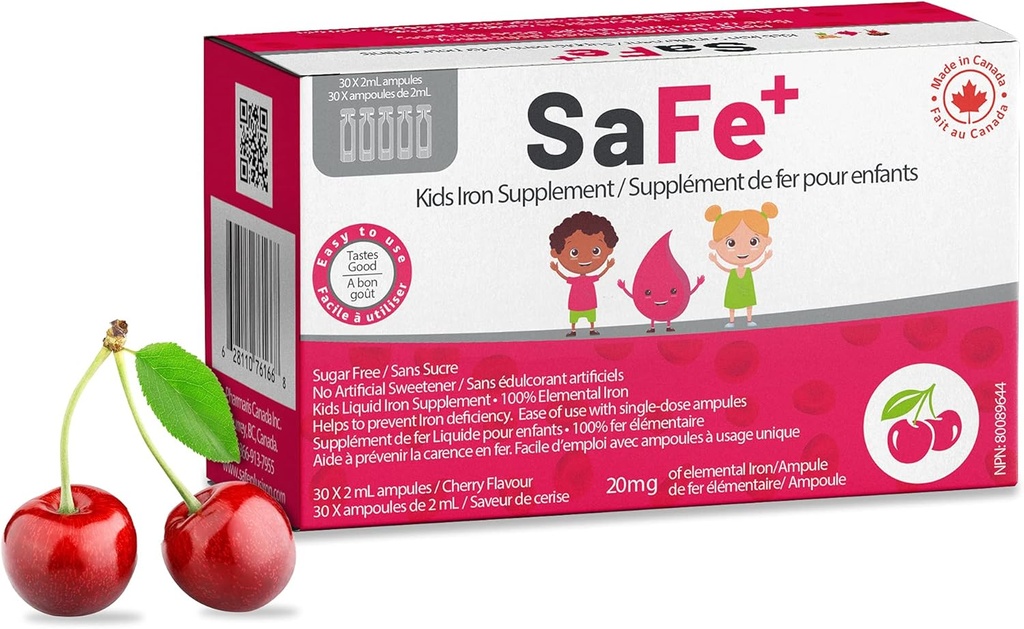 SaFe + Flydende Jern til børn 124; Great Tasting Cherry Flavor 124; Let at bruge 20mg / 2ml Jern per ampul