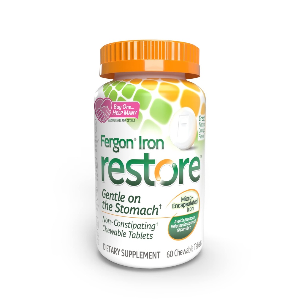 Fergon Iron Restore Chewable Tablets - Gentle on Mave, Non- Constipating - 27 mg Iron for Energy Support - 60 tabletter