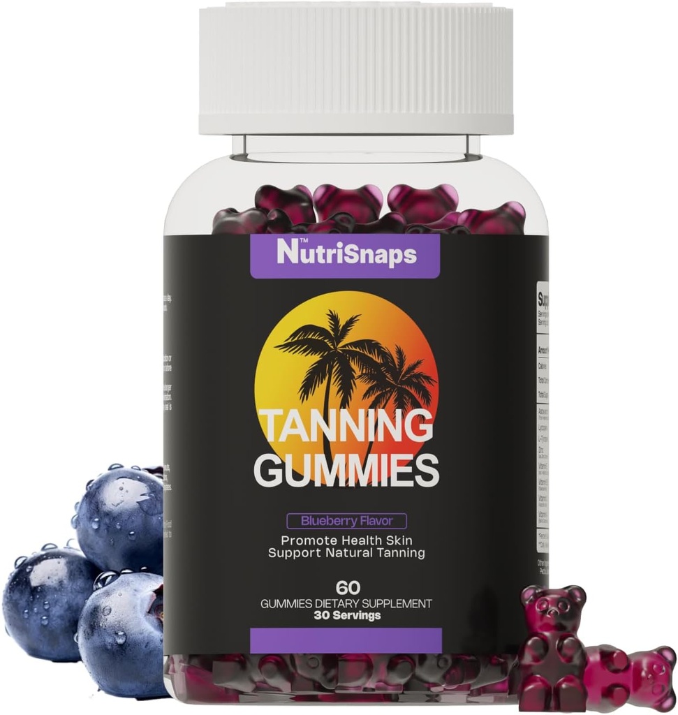 Garvning Gummier, Garvning Supplement for voksne kvinder & mænd, Daglig Garvning Gummier for hud sundhed & pigmentering, Non- GMO, Vegan, Blåbær Flavor, 60 Gummier