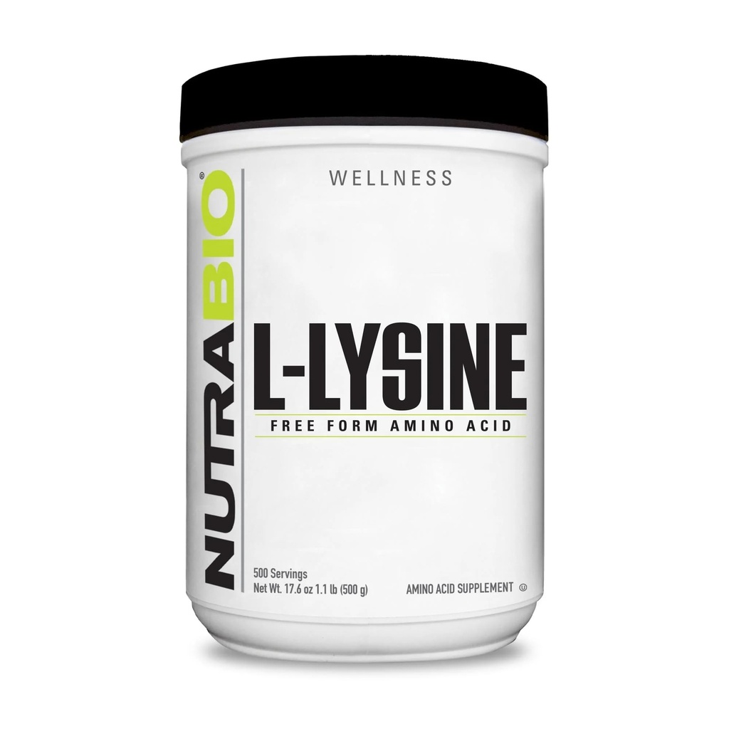 NutraBio L- Lysin Powder 500g - Essential Aminosyre til proteinmetabolisme, Collagen Support, & immunsundhed - Pure, Unflavored, Non- GMO, Vegan- 500 Servere