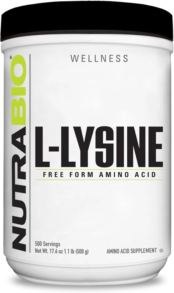 NutraBio L- Lysin Powder 500g - Essential Aminosyre til proteinmetabolisme, Collagen Support, & immunsundhed - Pure, Unflavored, Non- GMO, Vegan- 500 Servere