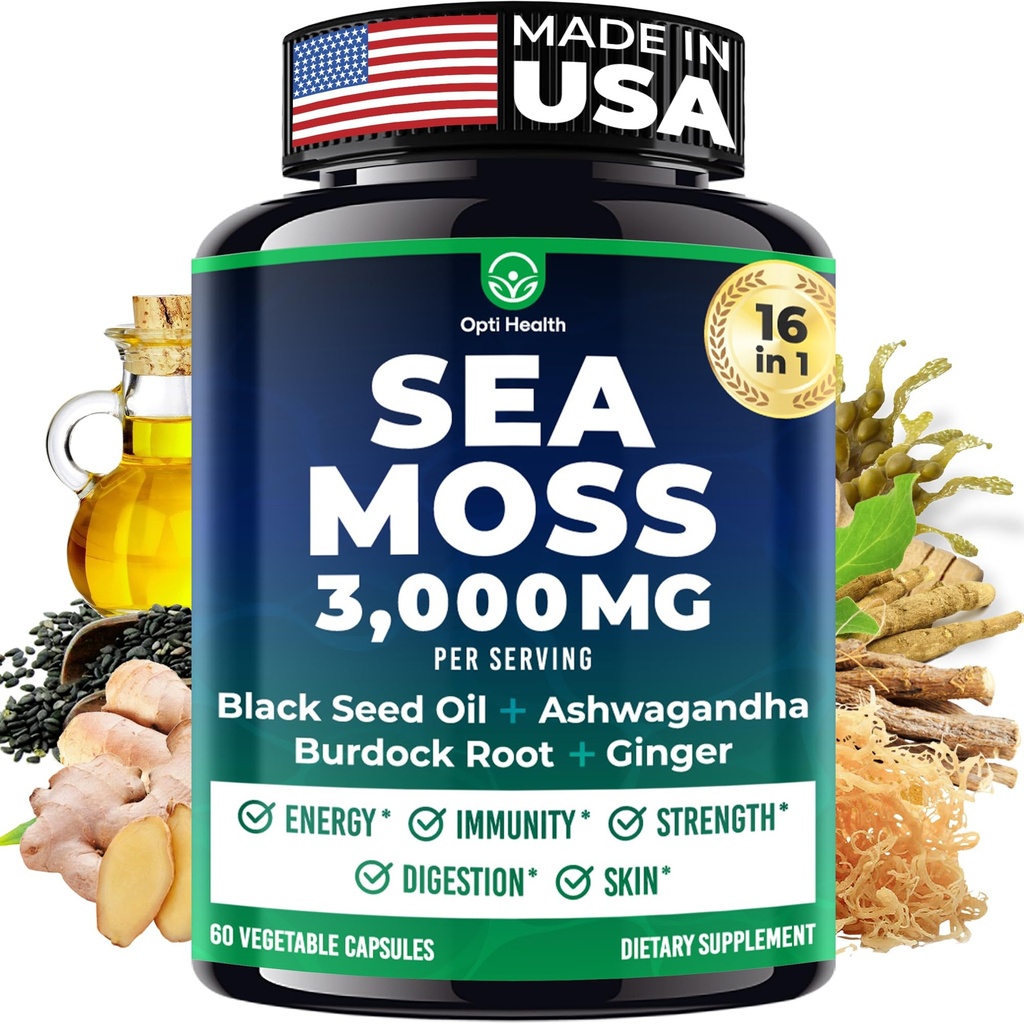 Sea Moss Black Seed Oil Ashwagandha Ginger - Advanced Irish Sea Moss Capsules All in One Supplement med Seamoss Black Seed Oil Ashwagandha Burdock Root Bladerwrack - piller til energi, immunforsvar, Gut