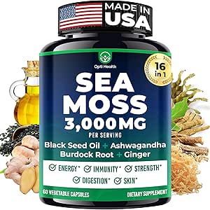 Sea Moss Black Seed Oil Ashwagandha Ginger - Advanced Irish Sea Moss Capsules All in One Supplement med Seamoss Black Seed Oil Ashwagandha Burdock Root Bladerwrack - piller til energi, immunforsvar, Gut