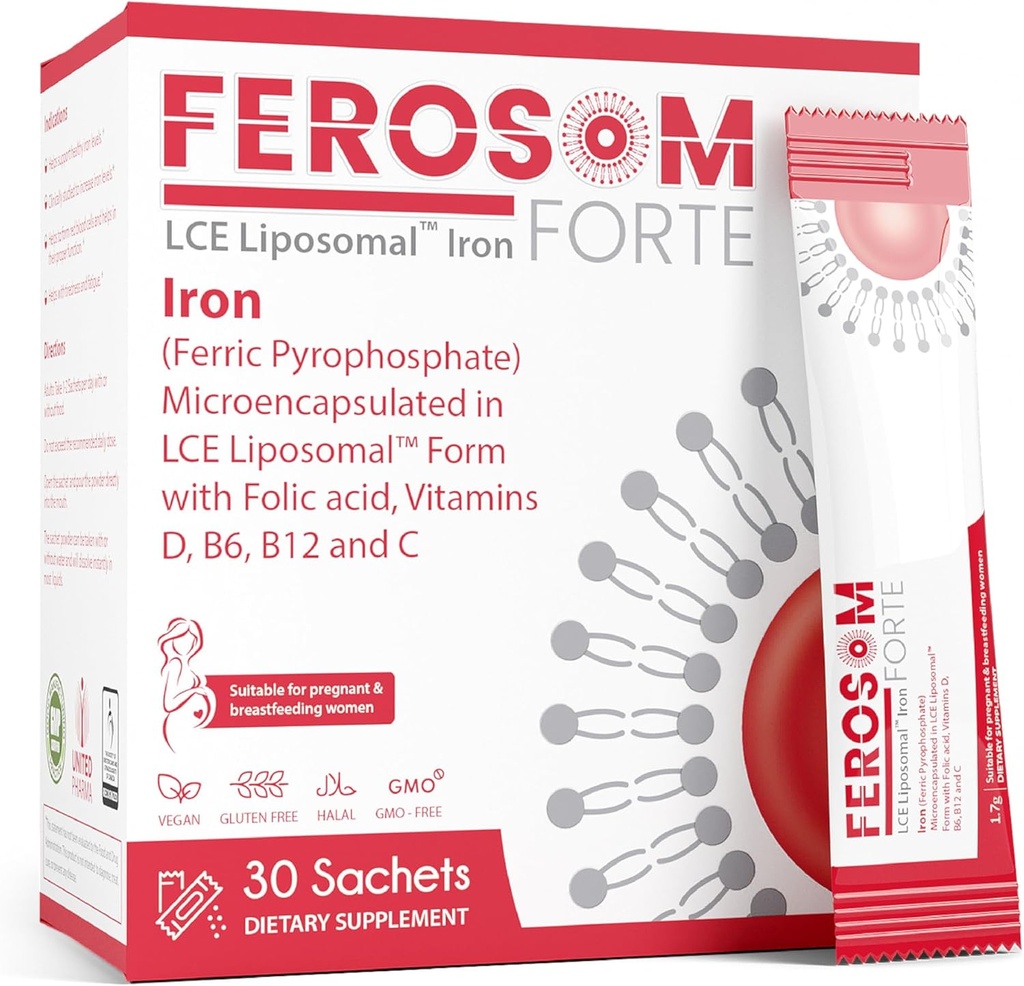 LCE Liposomal Iron Powder - 21 mg Elementær Jern med vitaminer B12, B6, C, D & folinsyre - Gentle Berry- Smagsfyldt supplement drikke, 30 Vegansk Sacheter