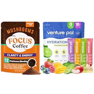 Venture Pal Mushroom kaffe & Electrolyte Powder Bundle: 12 i 1 Kaffe med Ashwagandha til Focus & Immunity + sukkerfri electrolyte pakker med 5 Vitamin & 7 Electrolytes - 40 Servere & 16 Stick