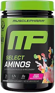 MusclePharm EAA Inddrivelse + BCAA, Post Workout Essential Aminosyrer pulver, Pre Workout Energy Supplement for mænd & kvinder med forgrenet kæde Aminosyrer, 30 Servere (sour Candy)
