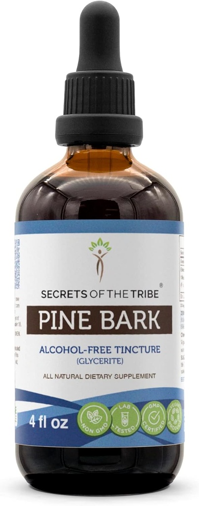 Secrets of the Tribe Pine Bark Alcohol- Free Liquid Extract, Wildcrafted Pine Bark (Pinus strobus) Tørret Bark (4 FL OZ)