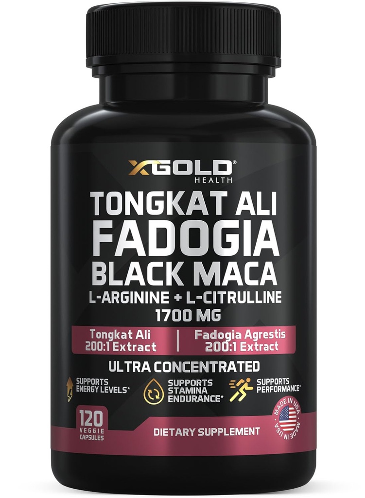 X Gold Health Tongkat Ali + Fadogia Agrestis + Black Maca - Energi, Vitality & Stamina Booster for mænd og kvinder Made i USA
