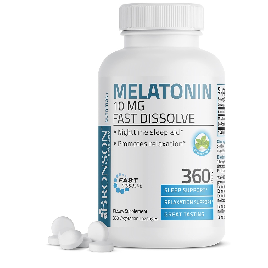 Bronson Melatonin 10 MG hurtigt opløses pebermyntetabletter, fremmer afslapning, 360 Chewable Vegetar Lozenges