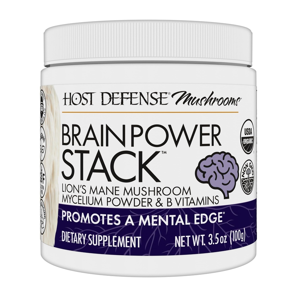 Host Defense BrainPower Stack Powder - Målrettet Brain Support - Powder Mushroom Supplement med løvens Mane, Niacin (B3) & Vitamin B12 - Herbal Brain Support - 100g (66 Servere) *