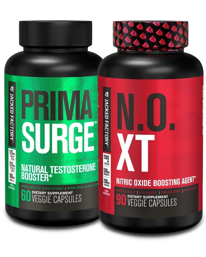 Jacked Factory Testosteron Booster for mænd PRIMASURGE (60 kapsler) & N.O. XT nitrogenoxid supplement (90 kapsler) for muskelvækst, Pumper, & energi