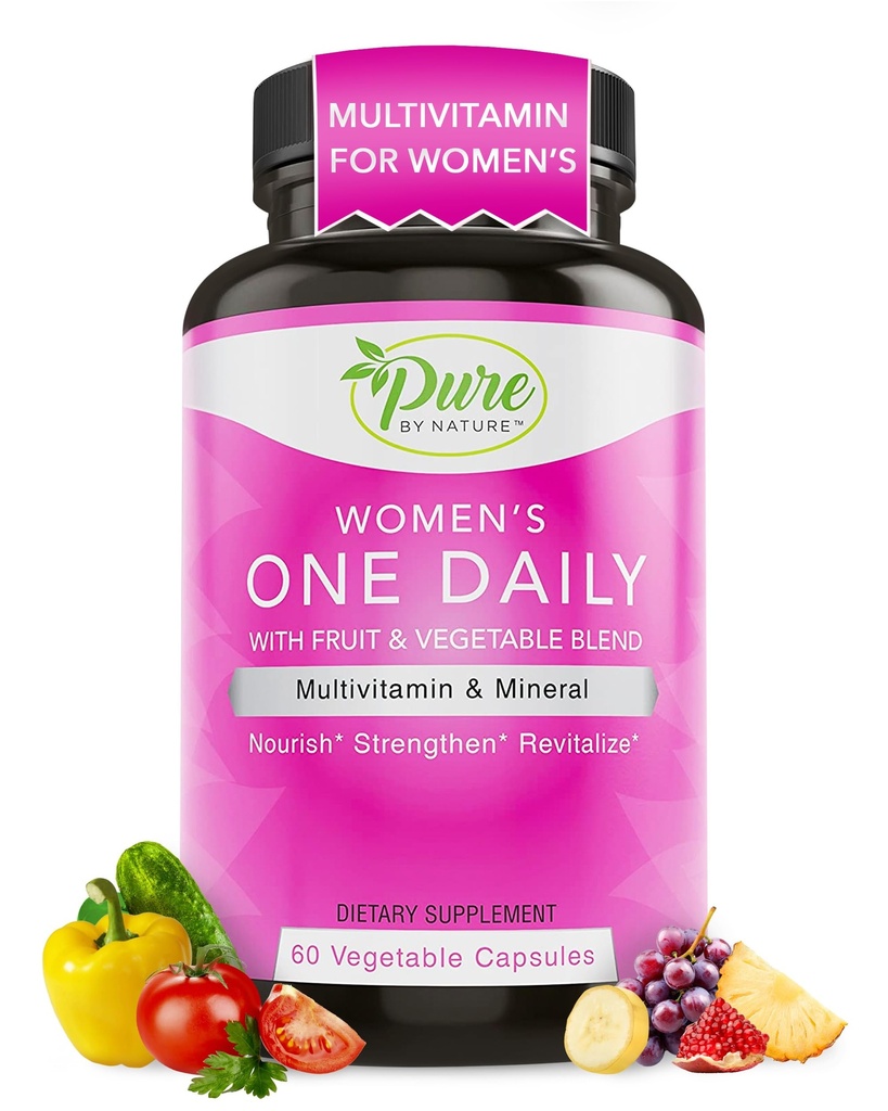 Pure by Nature One- Daily Multivitamin til kvinder, immunsupporttillæg med non-GMO ingredient, Vitamin & Mineraler til energi, 60 Veggie kapsler