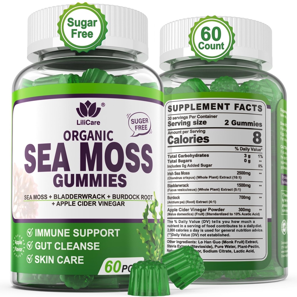 Sea Moss Gummies - Irish Sea Moss Gummies for voksne & Kids - Advanced Superfood Seamoss Supplement med Organic Bladderwrack & Burdock Root Extract ACV til daglig immunforsvar, Gut Cleanse, Vegan, 60 Counts