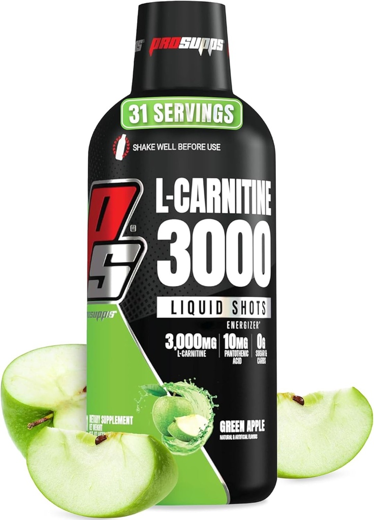 PROSUPPS L- Carnitin Liquid 3000, Stimulant- Free Liquid Shots for Mænd & Kvinder - Ren workout drink for energi, ydeevne og muskel Inddrivelse - Ingen sukker, ingen kulhydrater - 31 Servere, Grønne Apple