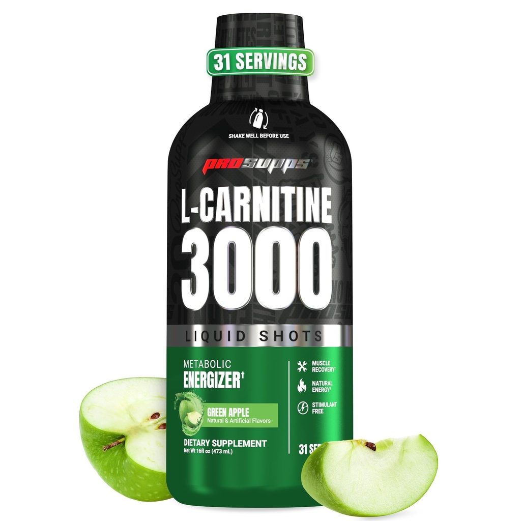 PROSUPPS L- Carnitin Liquid 3000, Stimulant- Free Liquid Shots for Mænd & Kvinder - Ren workout drink for energi, ydeevne og muskel Inddrivelse - Ingen sukker, ingen kulhydrater - 31 Servere, Grønne Apple