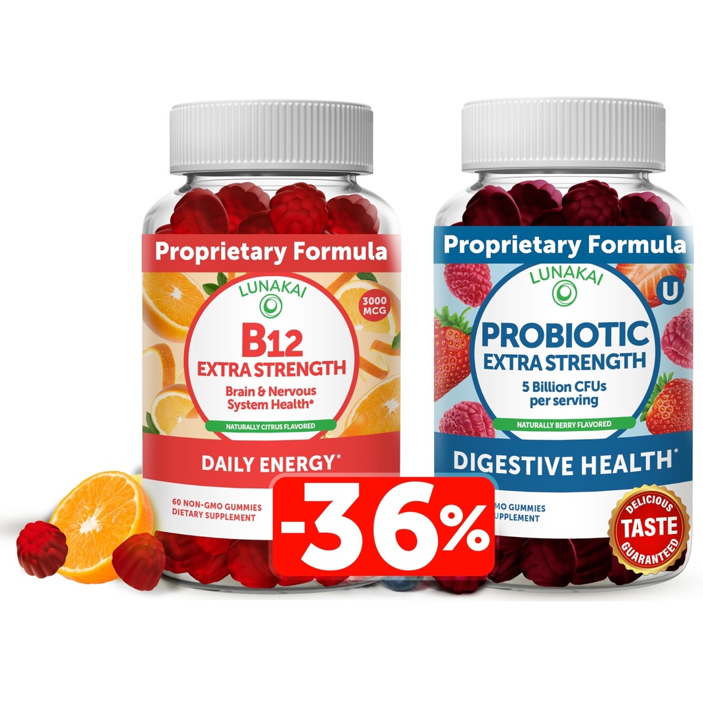 Lunakai Vitamin B12 og Probiotiske Gummies Bundle - 3000 mcg Gummy til voksne energistøtte og ben sundhed - 5 milliarder CFU per servering for fordøjelsesbesvær Gut sundhed med C-vitamin til kvinder og mænd