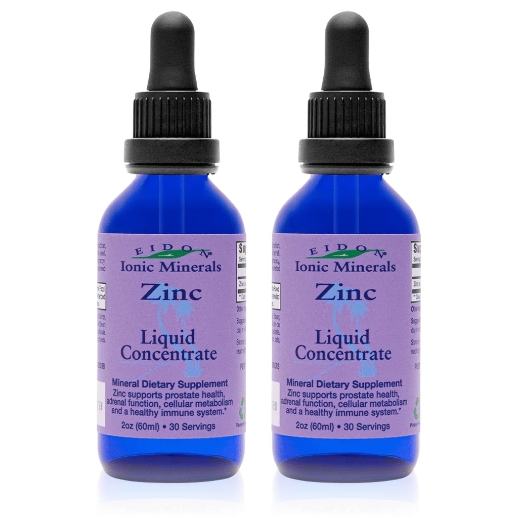 Eidon Ionic Minerals Flydende zink koncentrat - Ionic Zink Sulfate Supplement Drops til mænd, kvinder, & Kids, Support immunsystem, hår og hud, lever og nyresundhed - 2 oz, 2 Pack
