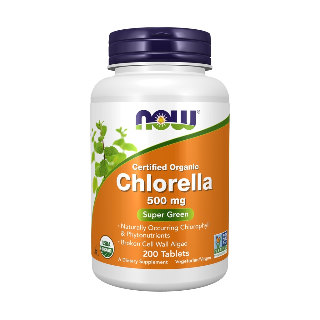 Now Foods Supplements, Organic Chlorella 500 mg med naturligt forekommende chlorophyll, Beta- Caroten, blandede carotenoider, C-vitamin, jern og protein, 200 tabletter