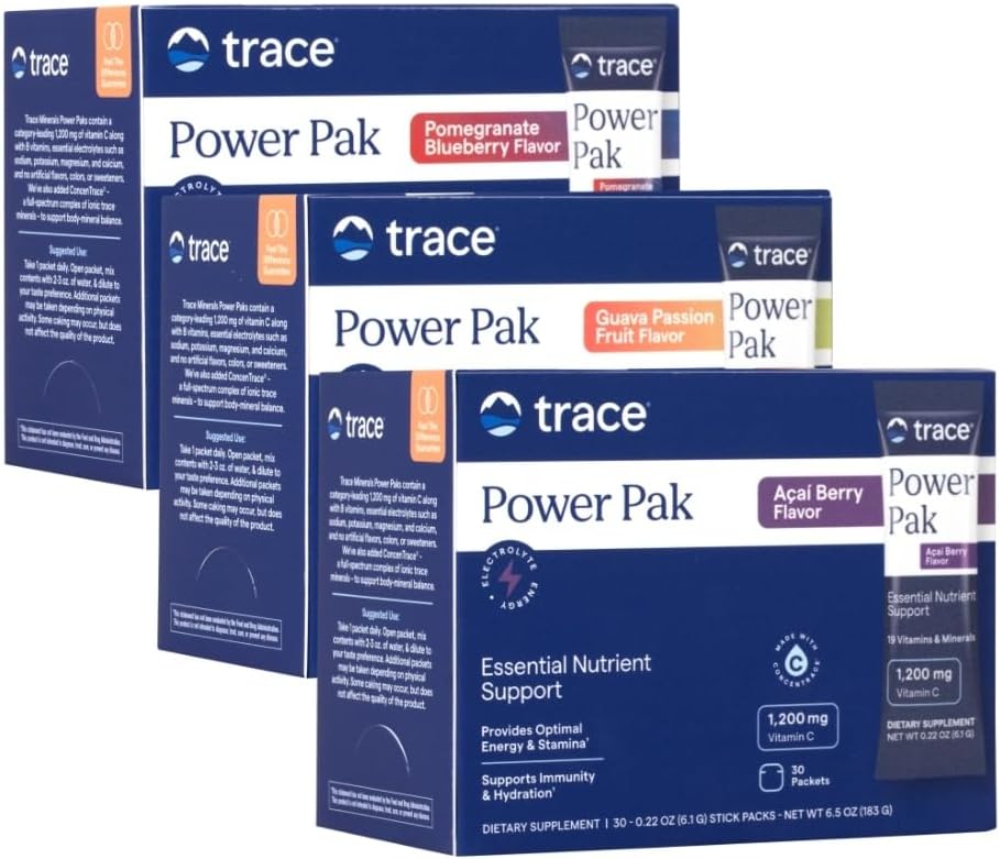 Trace Minerals Power Pak Multivitamin og Multimineral Packets - Electrolyte Support - 1200 mg C-vitamin Plus 70 Acai Berry, Blåbær Pomegranat og Guava Variety - 90 Packets