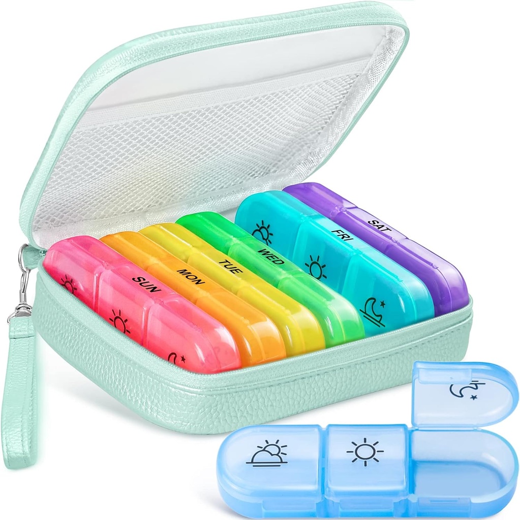 Cute Pill Organizer 3 gange om dagen, Stor Daglig Pill sag for kvinder, Bærbar Pill Box 7 dag for purse med pose & lynlås til at holde vitaminer, Medicin, Fiskeolier, Kosttilskud (Cyan Blue)