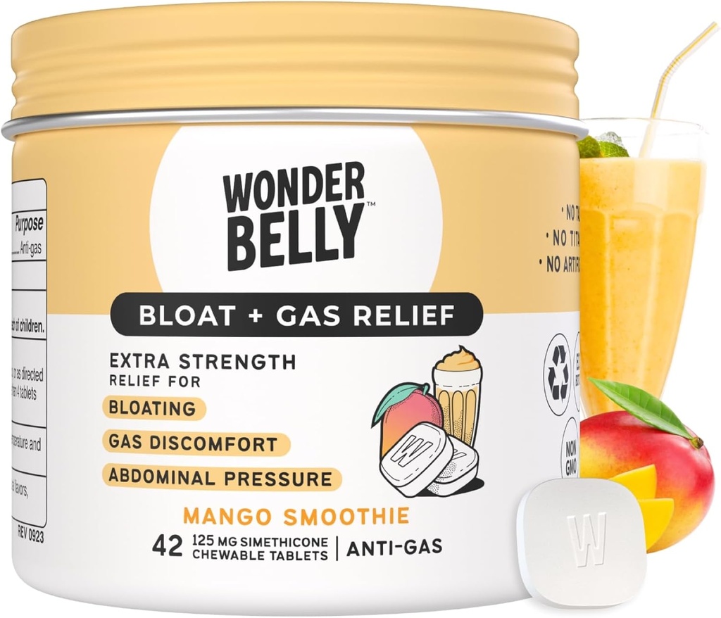 Wondermave Bloat + Gas Relief, Extra Strength Chewable Tablets, with 125 mg Simeticone, No Talc or Dye, Mango Smoothie, 42 Count