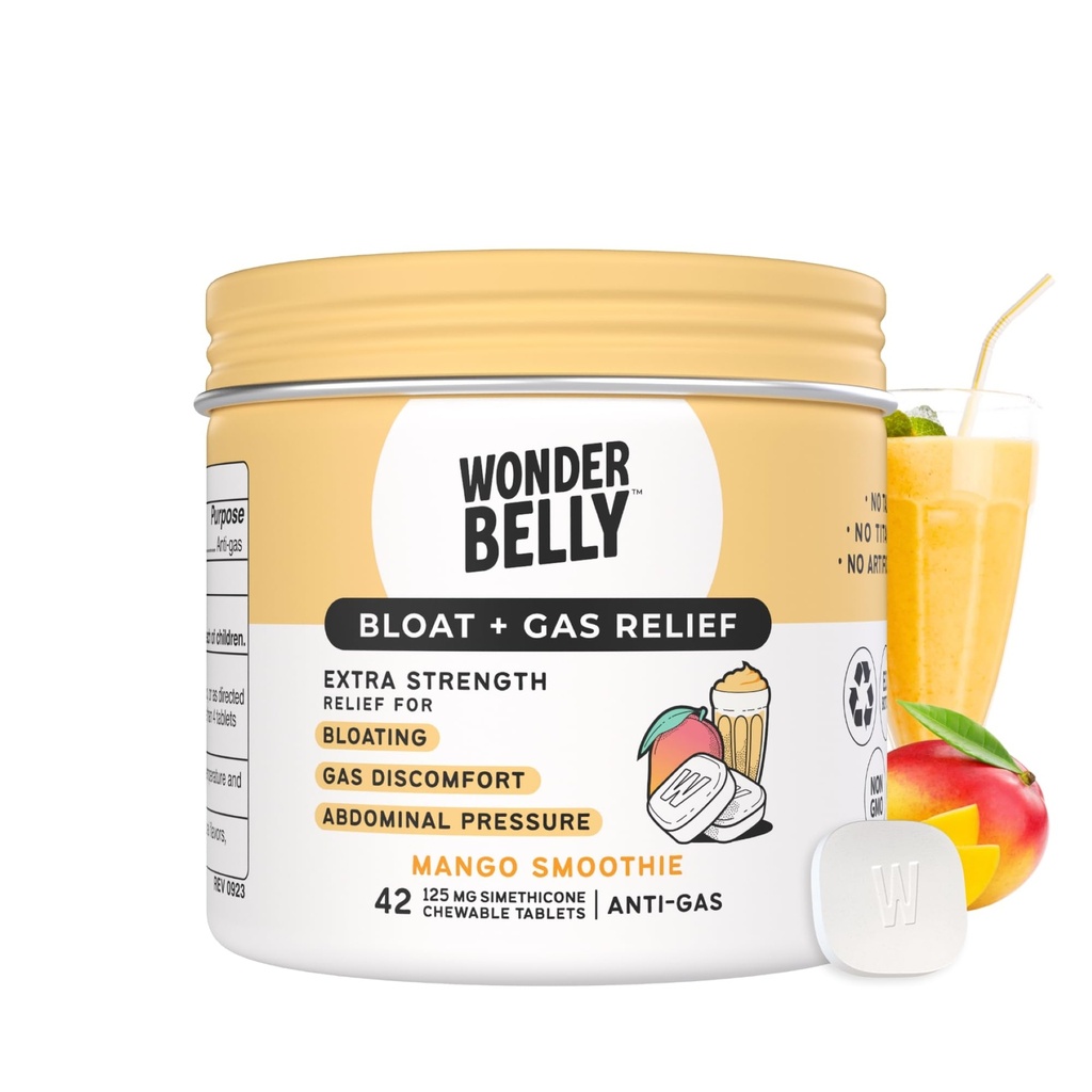 Wondermave Bloat + Gas Relief, Extra Strength Chewable Tablets, with 125 mg Simeticone, No Talc or Dye, Mango Smoothie, 42 Count