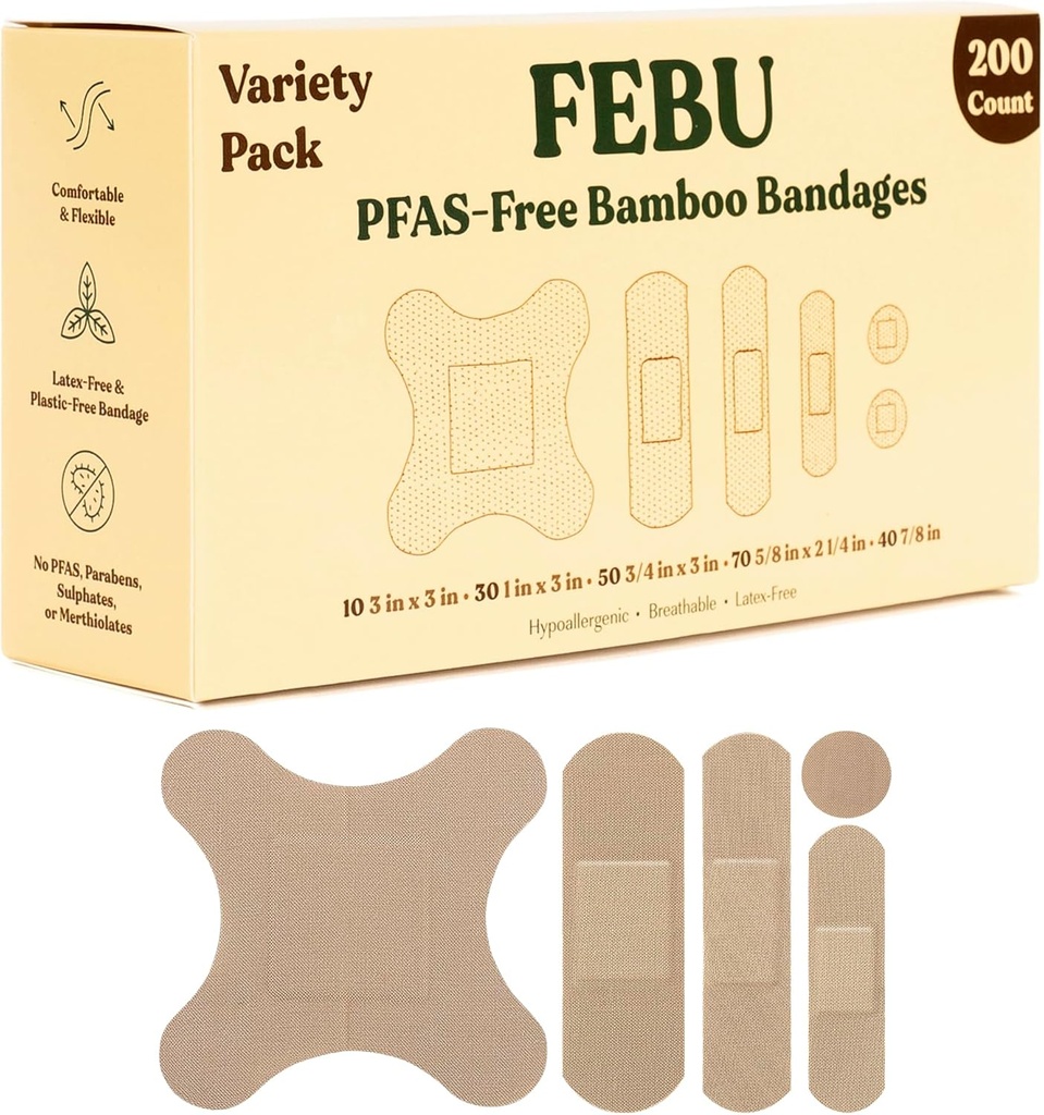FEBU Økologisk-venlige Bamboo Fabric Bandages Note 124; PFAS Free Bandages for Scrapes & Cuts Note 124; Fleksible Bandage Bandage Note 124; Fuldt Komposterbar, Latex Free Bandage Note 124; 200 Count Bulk Variety