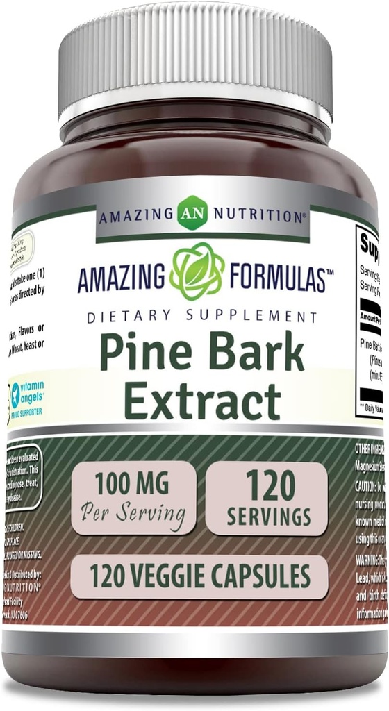 Amazing Formulas Pine Bark Extract Supplement: 124; 100 Mg Per Serving: 124; 120 Veggie Kapsler: 124; Non- GMO: 124; Gluten Free • 124; Fremstillet i USA