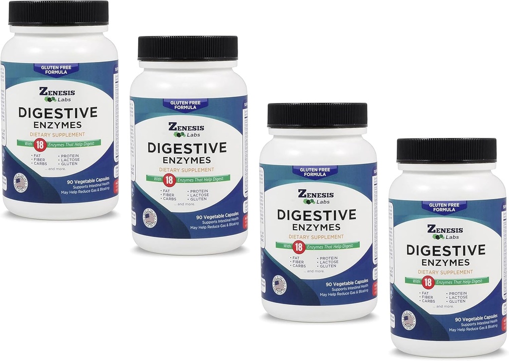 Zenesis Labs fordøjelsesenzymer - med Amylase, Bromelain, Protease, Lipase & 14 Andre enzymer Bulk 360 Capsule Supply (4 flaske sæt - 90 kapsler / flaske)