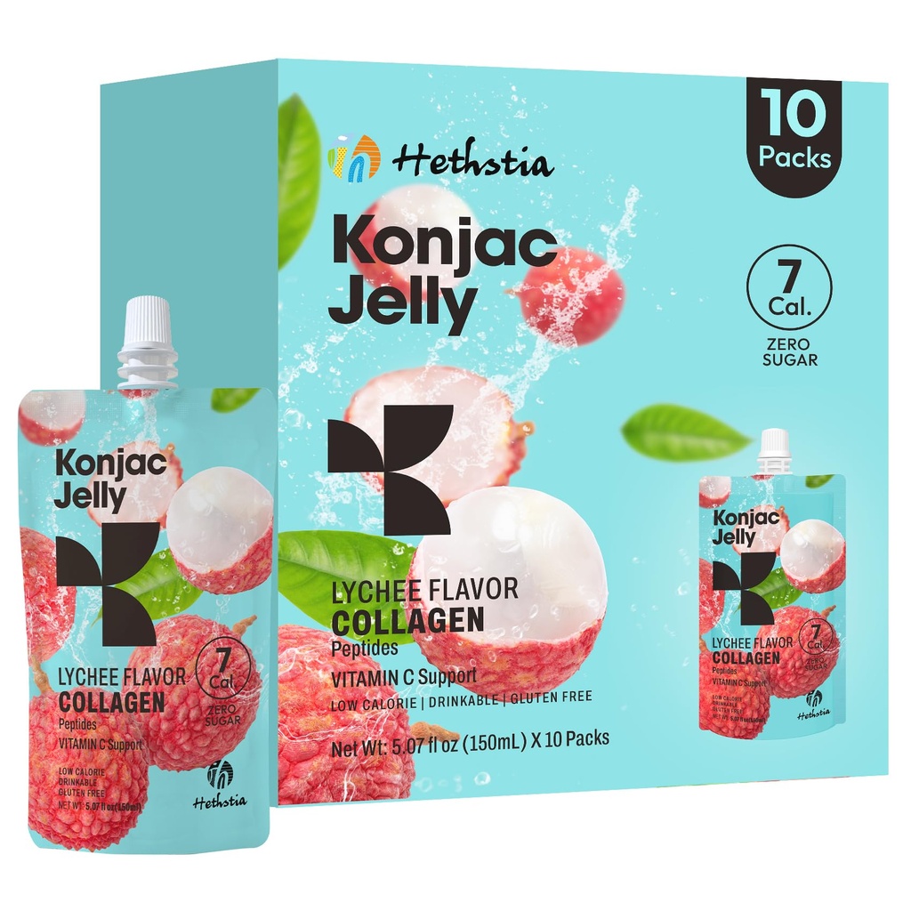 Hethstia Konjac Jelly, Lychee Konjac Jelly 10 Pouches med Collagen Peptider, Low Calorie Drinkable Litchi Jello, C-vitamin Light Snacks, Sugar Free, Keto, Gluten- Free, Sund mad gaver