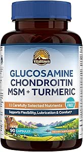 Vitalitown Glucosamine Chondroitin MSM, Turmeric, Collagen, Hyaluronic Acid, Boswellia, Quercetin, 11-in-1 Formula, Glucosamine Sulfate 1500 mg, No Shellfish, Flexibility & Comfort, 180 Caps