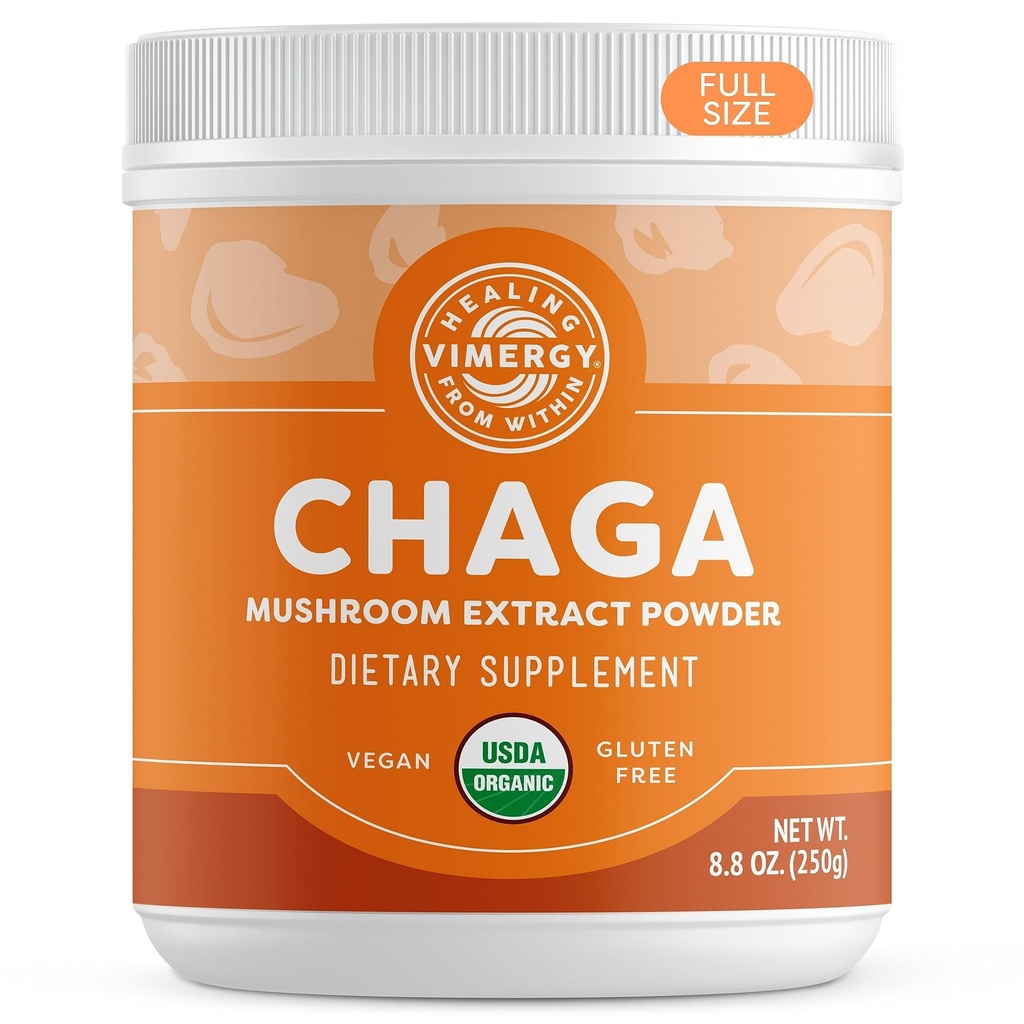 VIMERGY USDA Organic Wild Chaga Mushroom Extract Powder, 166 Servings – Ideal in Chaga Tea, Coffee, Smoothies – Cardiovascular Support - Kosher, Vegan, No Gluten, Paleo - Pure Chaga, No Fillers (250g)