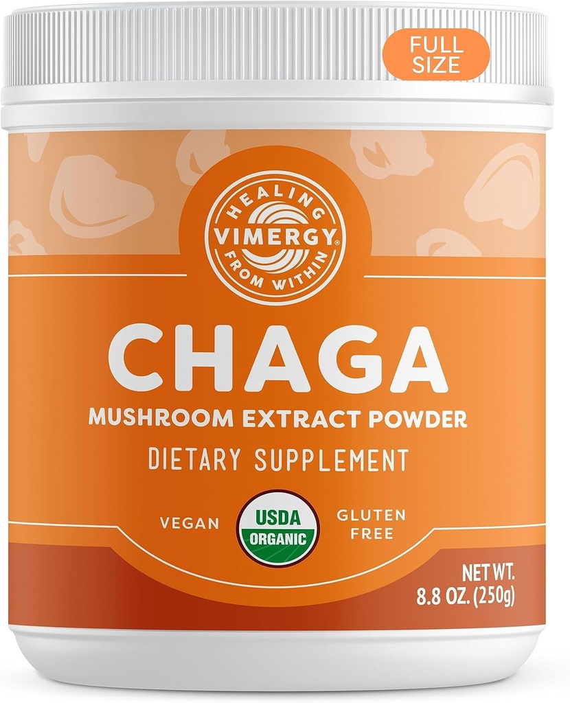 Vimergy USDA Organic Wild Chaga Mushroom Extract Powder, 166 Servering - Ideel i Chaga Tea, Kaffe, Smoothies - Cardiovaskulær Support - Kosher, Vegan, No Gluten, Paleo - Pure Chaga, No Fillers (250g)