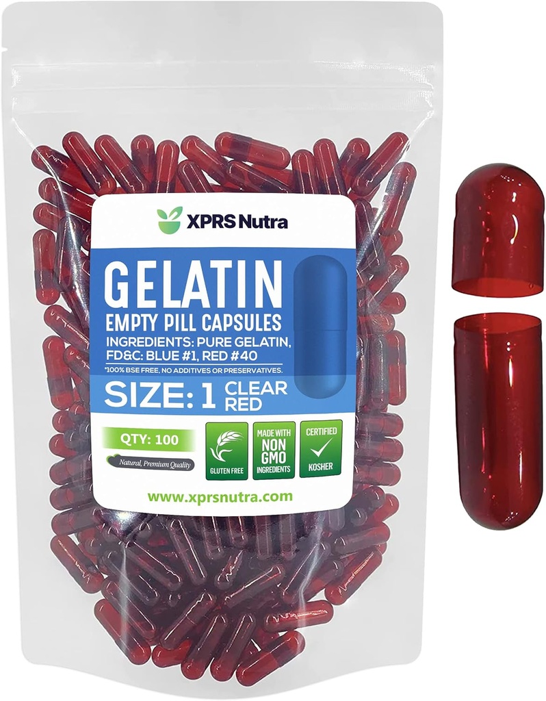 XPRS Nutra Størrelse 1 Tomme kapsler - 100 Grev Farvede Tomme Gelatine kapsler - Pille gør det supplement Kapselfyld - Fyldelig farve Gel Caps piller til Do- It- Yourself Kosttilskud (Clear Red)